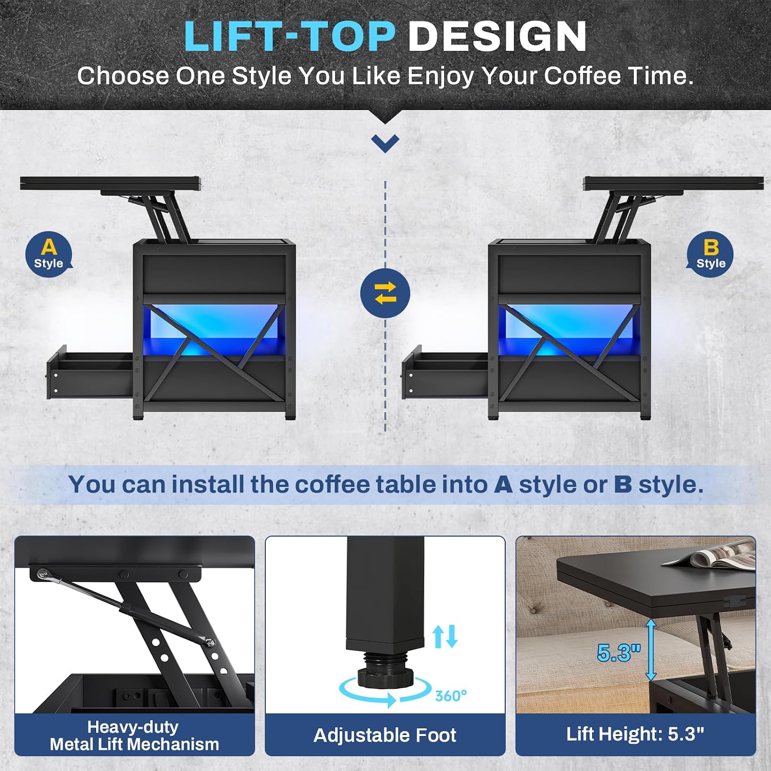 Itaar 40' Lift Top Coffee Table, 4 in 1 Coffee Tables with Storage for Living Room, Small Farmhouse Coffee Table with 2 Drawers & LED Light for Dining Reception Room, Black