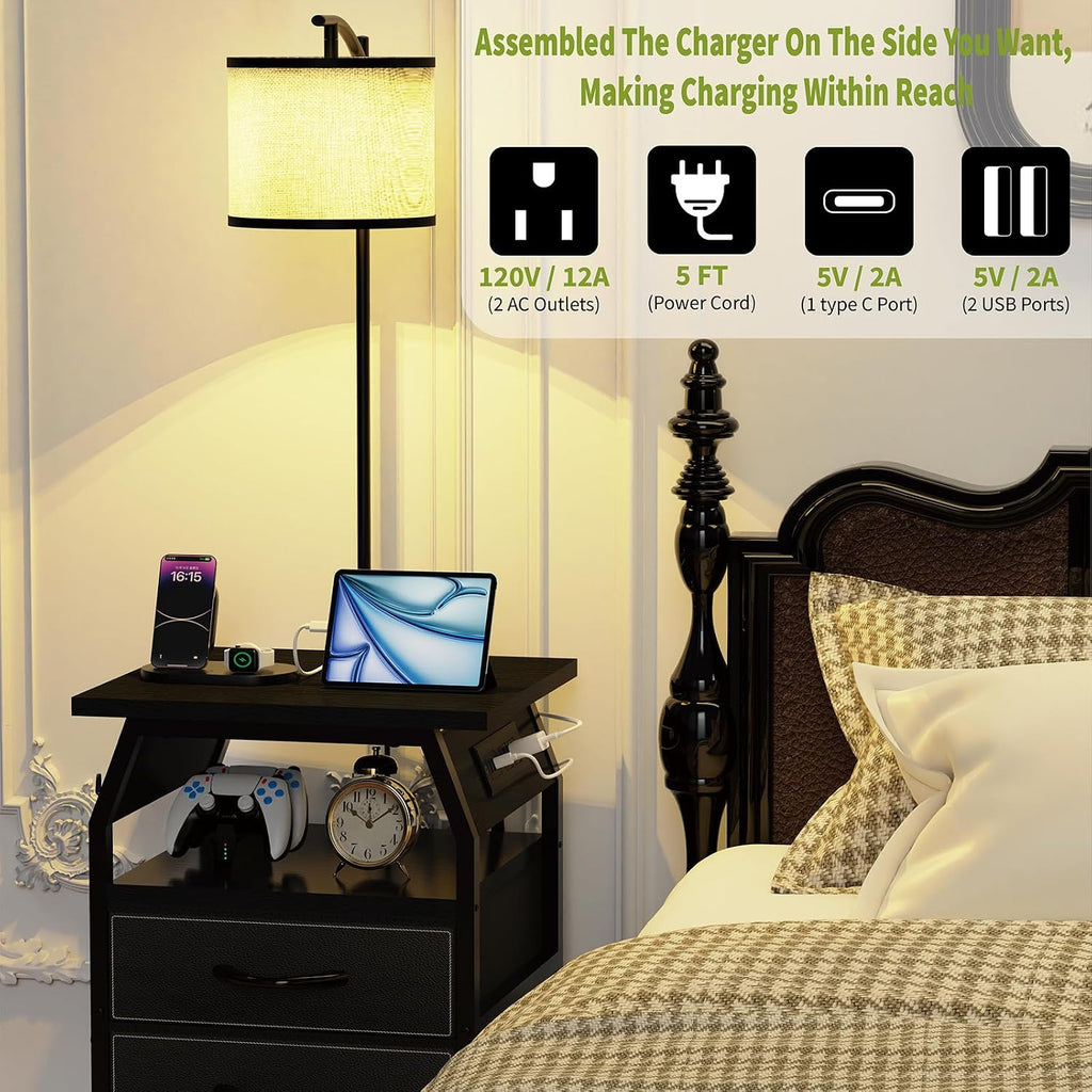 runjuly Floor Lamp with Table Set of 2, End Tables with Lamps Attached 3-Color Temperature Bulb, Side Table with Lamp with 3 Drawers & Charging, Lamps Tables Combo for Bedroom, Dorm - Black