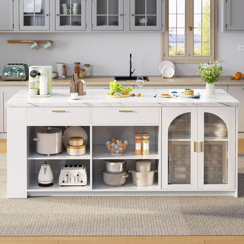 IBF 71' Large Kitchen Island with Storage, White Faux Marble Island table with Seating for 4-6, Stationary Island Cabinet with Drawers & Fridge Space, Modern Wood Counter Height Island Bar, Only Table