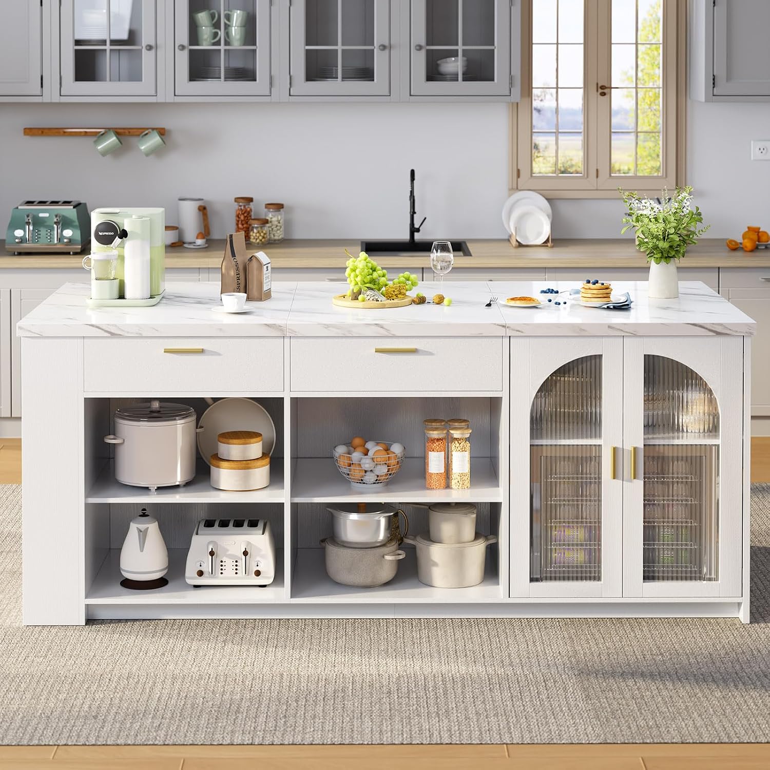 IBF 71' Large Kitchen Island with Storage, White Faux Marble Island table with Seating for 4-6, Stationary Island Cabinet with Drawers & Fridge Space, Modern Wood Counter Height Island Bar, Only Table