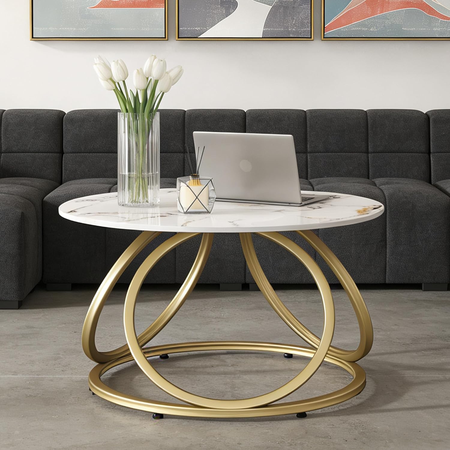 O&K FURNITURE Modern Gold Coffee Table, Faux Marble Pattern Center Table with Sintered Stone Tabletop, Round Coffee Table Living Room & Home Office