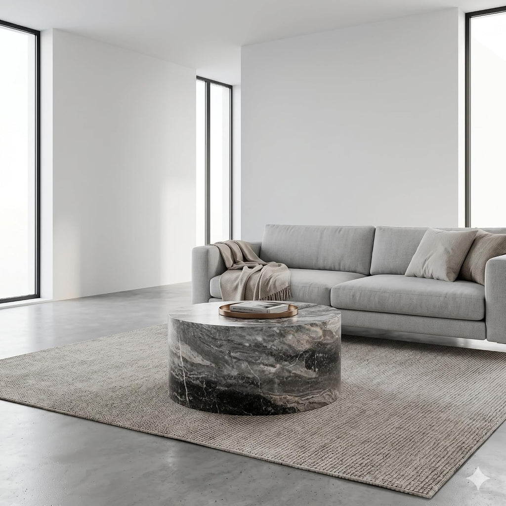 Round Coffee Table Living Room Table - Modern Faux Marble Design with Wood Accents in Grey,No Assembly Required - Ready to Use,Space-Saving