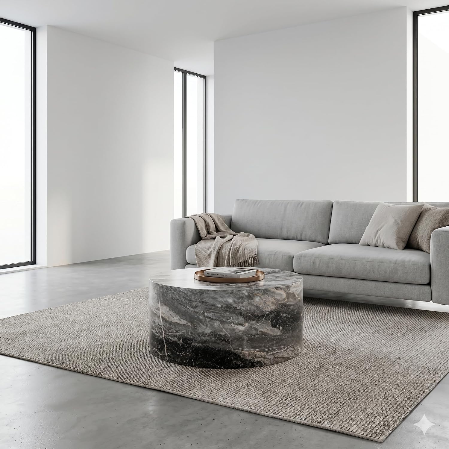 Round Coffee Table Living Room Table - Modern Faux Marble Design with Wood Accents in Grey,No Assembly Required - Ready to Use,Space-Saving