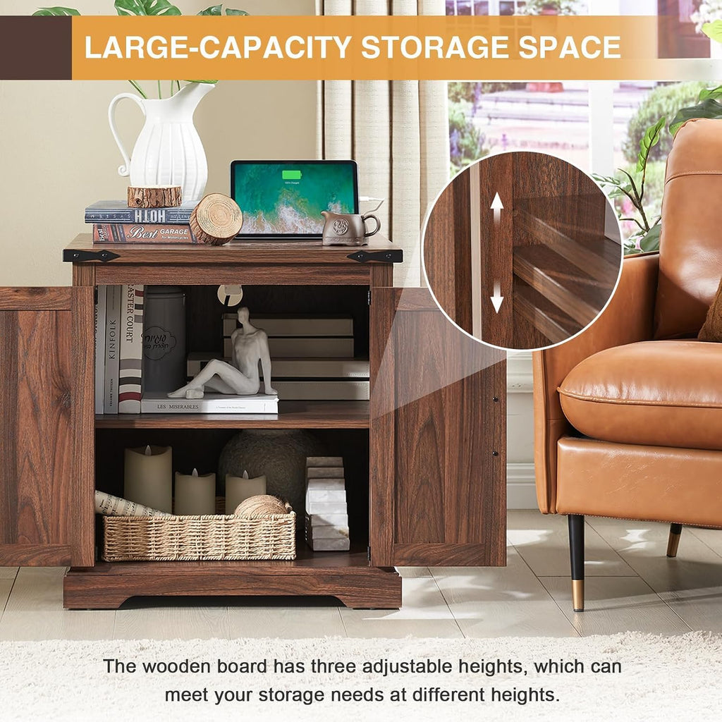 Barnyatoh Farmhouse End Table with Charging Station,24' Large Sofa Side Table with Barn Door, Rustic Wood Square Nightstand Bedside Table with Adjustable Storage Shelf for Living Room, Bedroom,Walnut