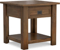 SIMPLIHOME Monroe End Table - 22 inch Wide Solid Acacia Wood Side Table in Rustic Natural Aged Brown, Farmhouse Accent Table for Living Room or Bedroom with Drawer and Shelf