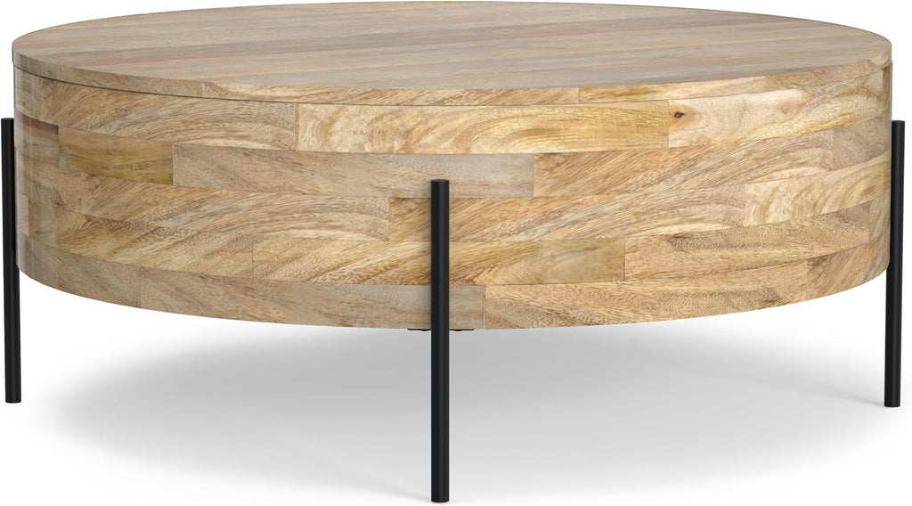 SIMPLIHOME Rayburn Drum Coffee Table - 38 inch Wide Solid Mango Wood Round Living Room Table in Natural, Modern Industrial Center Table for Family Room with Black Metal Legs and Large Surface