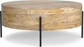 SIMPLIHOME Rayburn Drum Coffee Table - 38 inch Wide Solid Mango Wood Round Living Room Table in Natural, Modern Industrial Center Table for Family Room with Black Metal Legs and Large Surface