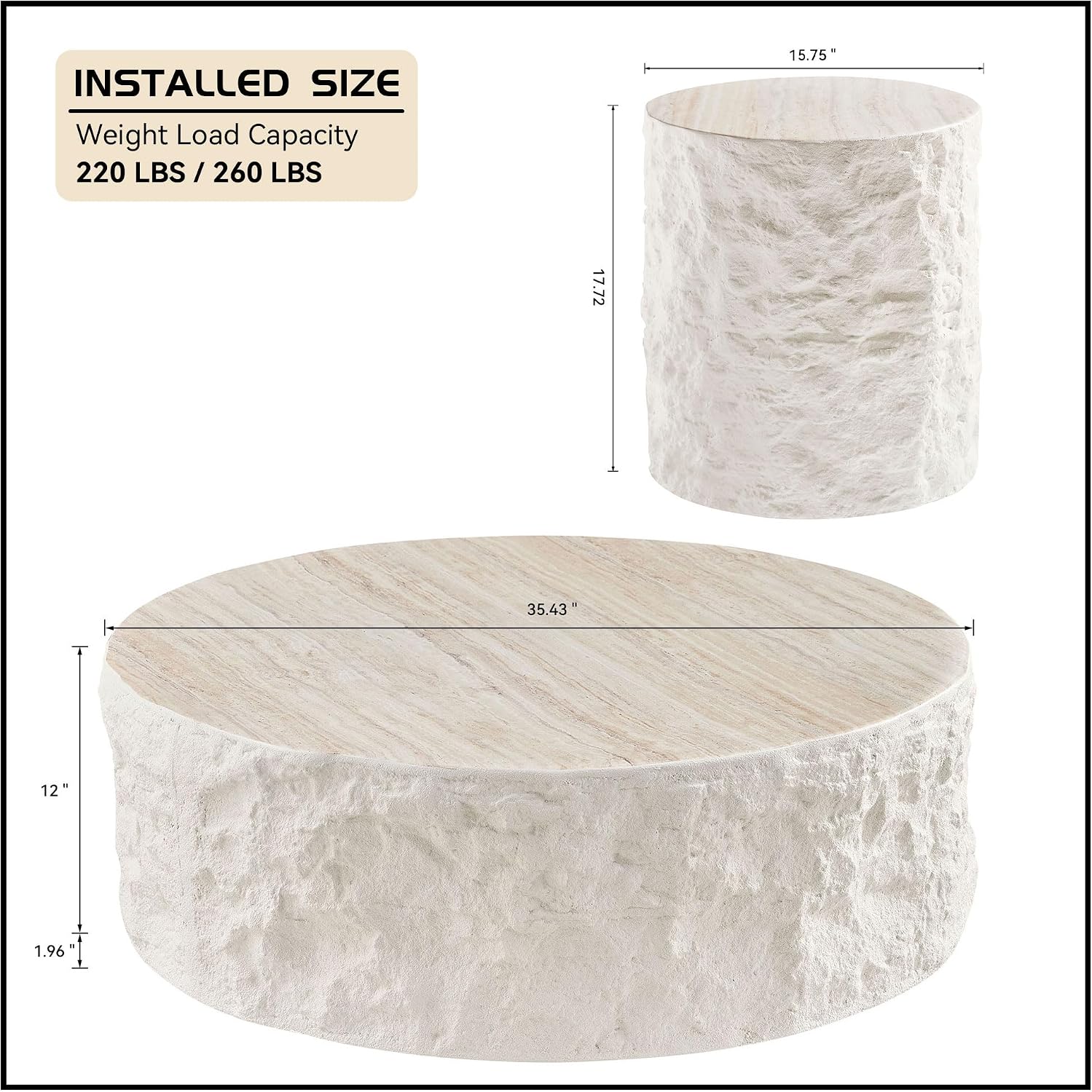 Round Coffee Table Set of 2 for Living Room Modern Drum Center Table Circle Side Tables for Apartment, No Need Assembly (Fiberglass 35.43'' &15.75'' Cement Stone Pattern)