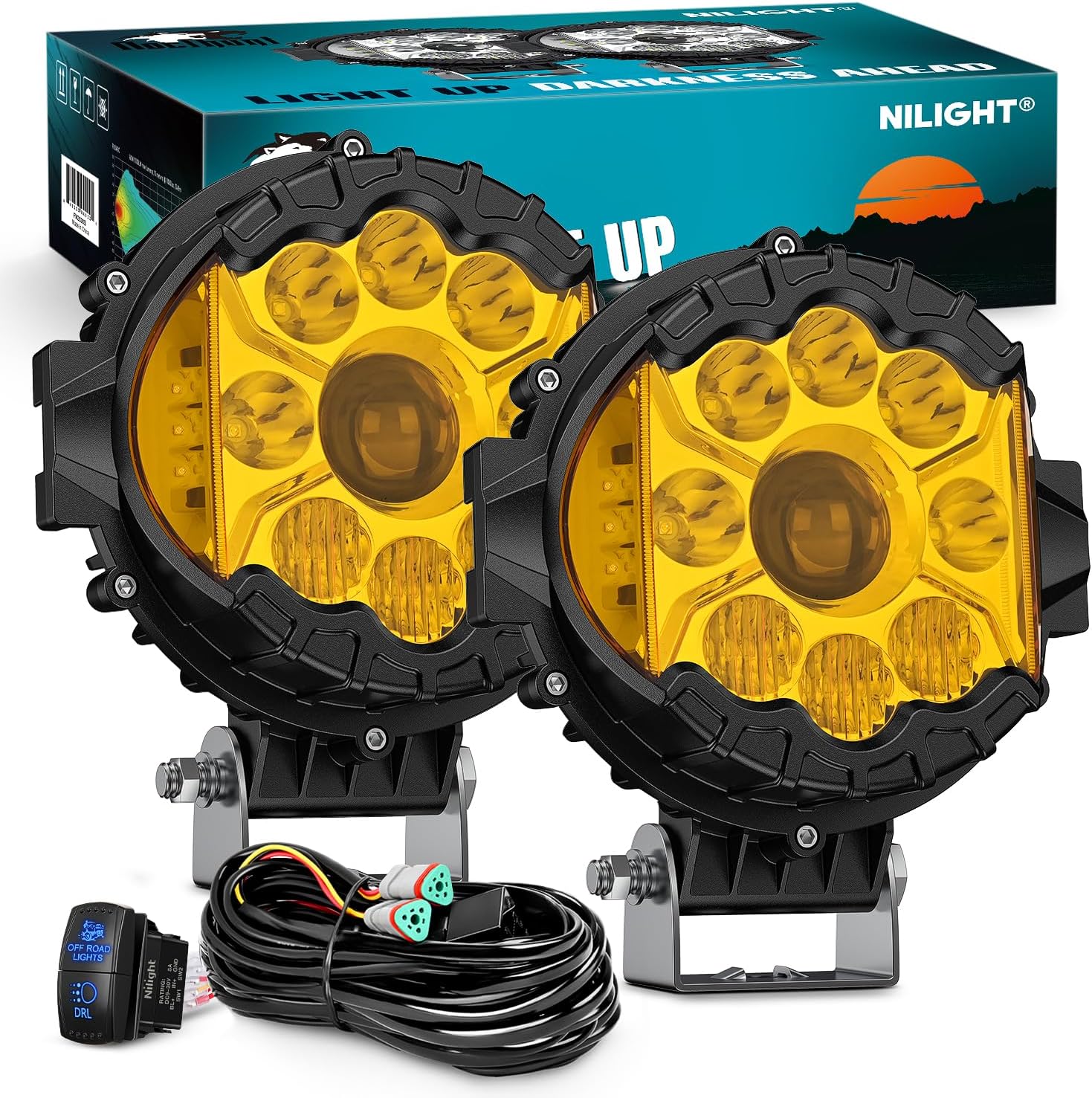 Nilight 7 Inch LED Offroad Driving Lights High Low Beam 2 PCS 80W Round Amber Light Side Shooter Spot Flood Fog Light Pod w/ 16 AWG DT Connector Wiring Harness Kit for Jeep Truck ATV UTV SUV
