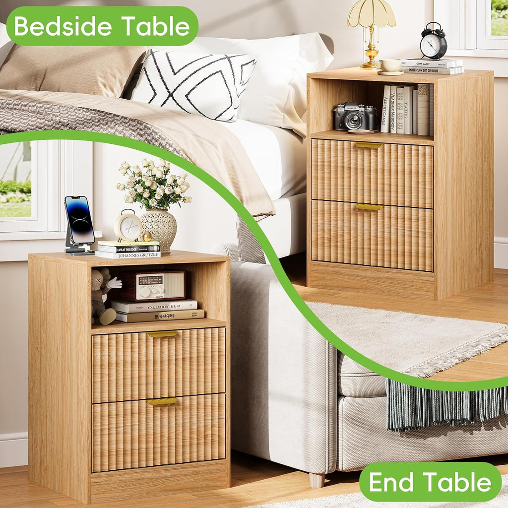 Night Stand Set 2, LED Nightstand with Charging Station, Fluted Nightstands Set of 2 with 2 Drawers, Wood Side Table Living Room, End & Bedside Tables for Bedroom Sofa Office, Natural Oak