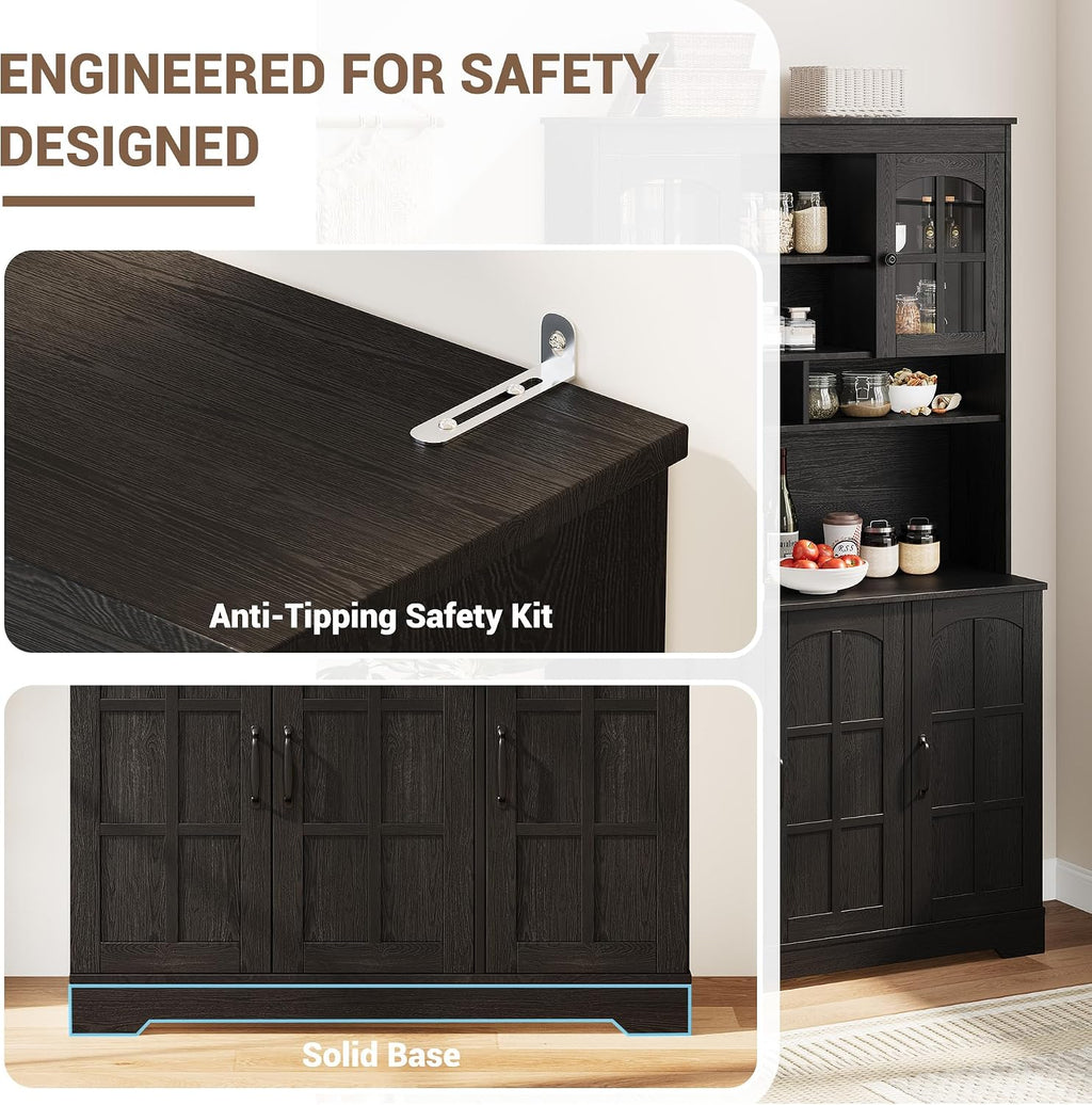 Garvee Pantry Cabinet with Charging Station, Tall Kitchen Pantry Storage Cabinet with Hutch,70.9 Inch Kitchen Cabinet with Glass Doors, for Dining Room