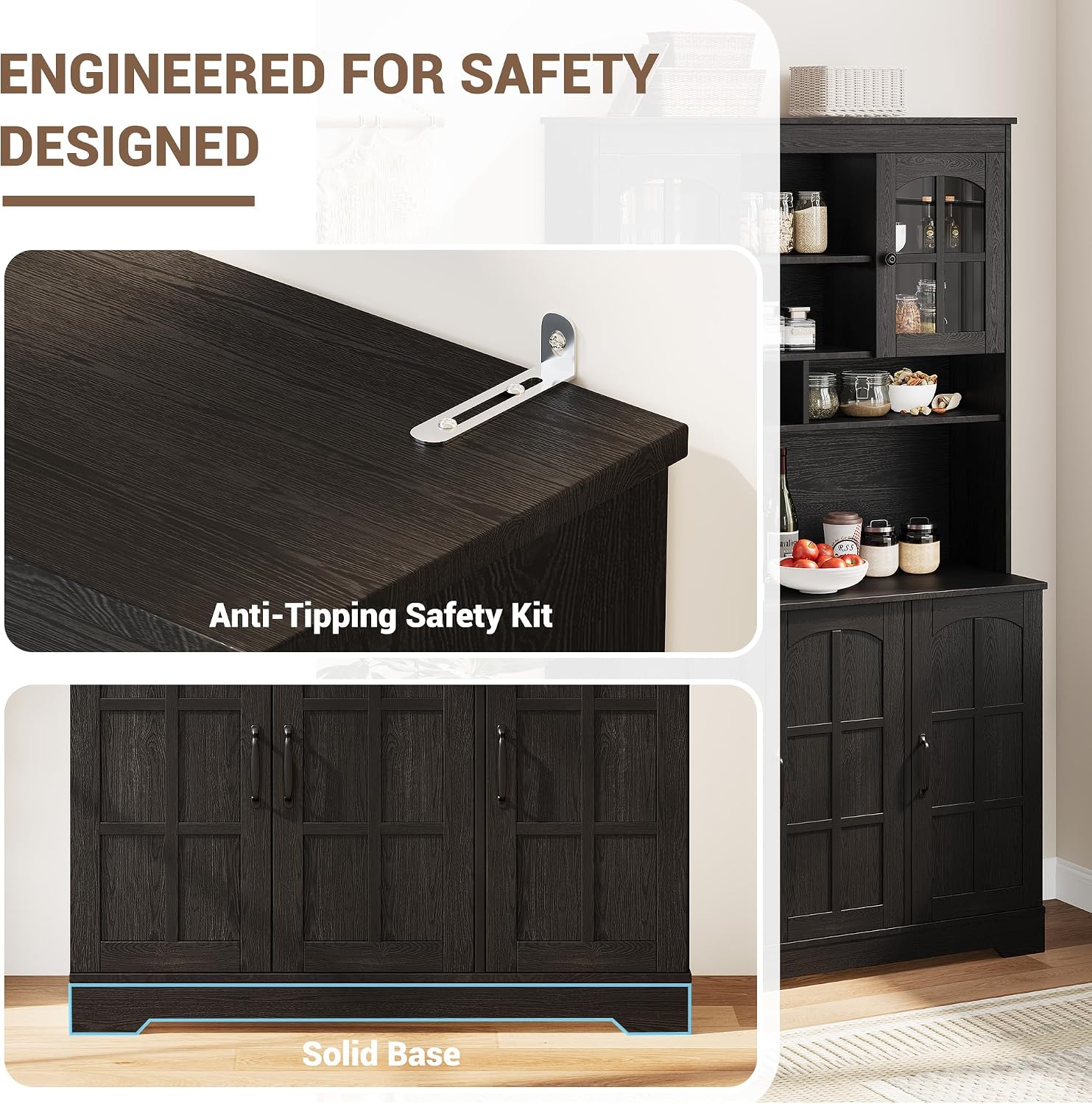 Garvee Pantry Cabinet with Charging Station, Tall Kitchen Pantry Storage Cabinet with Hutch,70.9 Inch Kitchen Cabinet with Glass Doors, for Dining Room