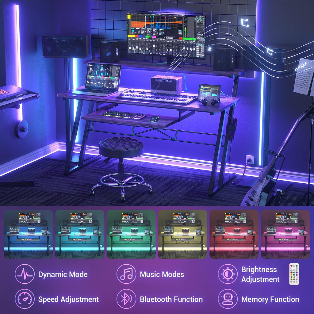 Armocity Music Studio Desk Production Workstation - Recording Studio Desk for Producer with Power Outlet & RGB LED Lights, Studio Workstation for Music Recording, Home Studio Table Desks, Grey Oak