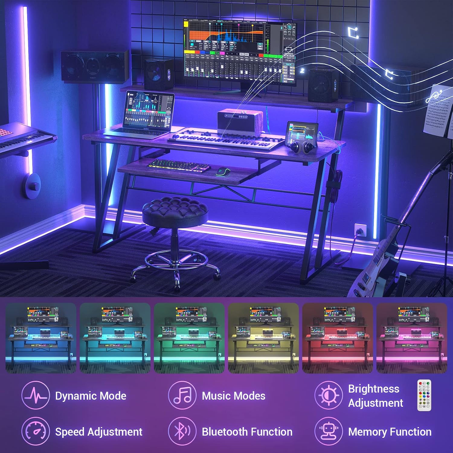 Armocity Music Studio Desk Production Workstation - Recording Studio Desk for Producer with Power Outlet & RGB LED Lights, Studio Workstation for Music Recording, Home Studio Table Desks, Grey Oak