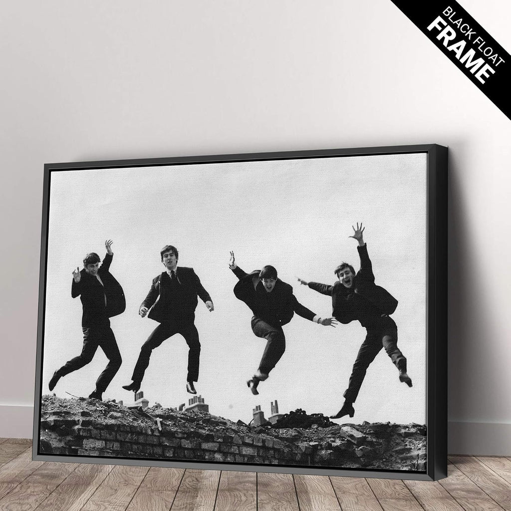 Vintage Rock Band Canvas Wall Art | Black & White Musicians Jumping Print | Retro Home Décor – Various Sizes (45in x 30in Gallery Wrapped)