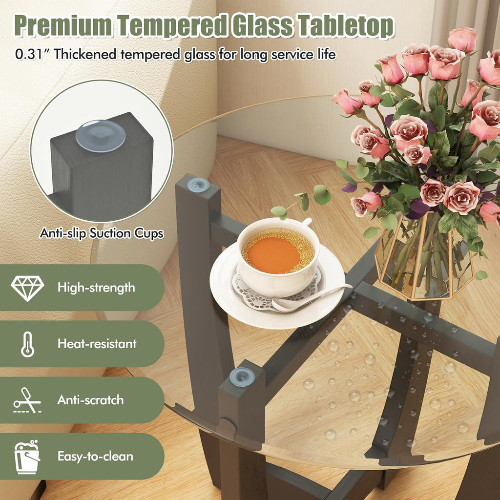 Giantex Glass End Tables Set of 2, Round Side Tables with Rubber Wood Frame & Tempered Glass Top, 23.5' Small Black Coffee Table, Modern Glass Nightstand for Living Room Balcony Bedroom, Easy Assembly