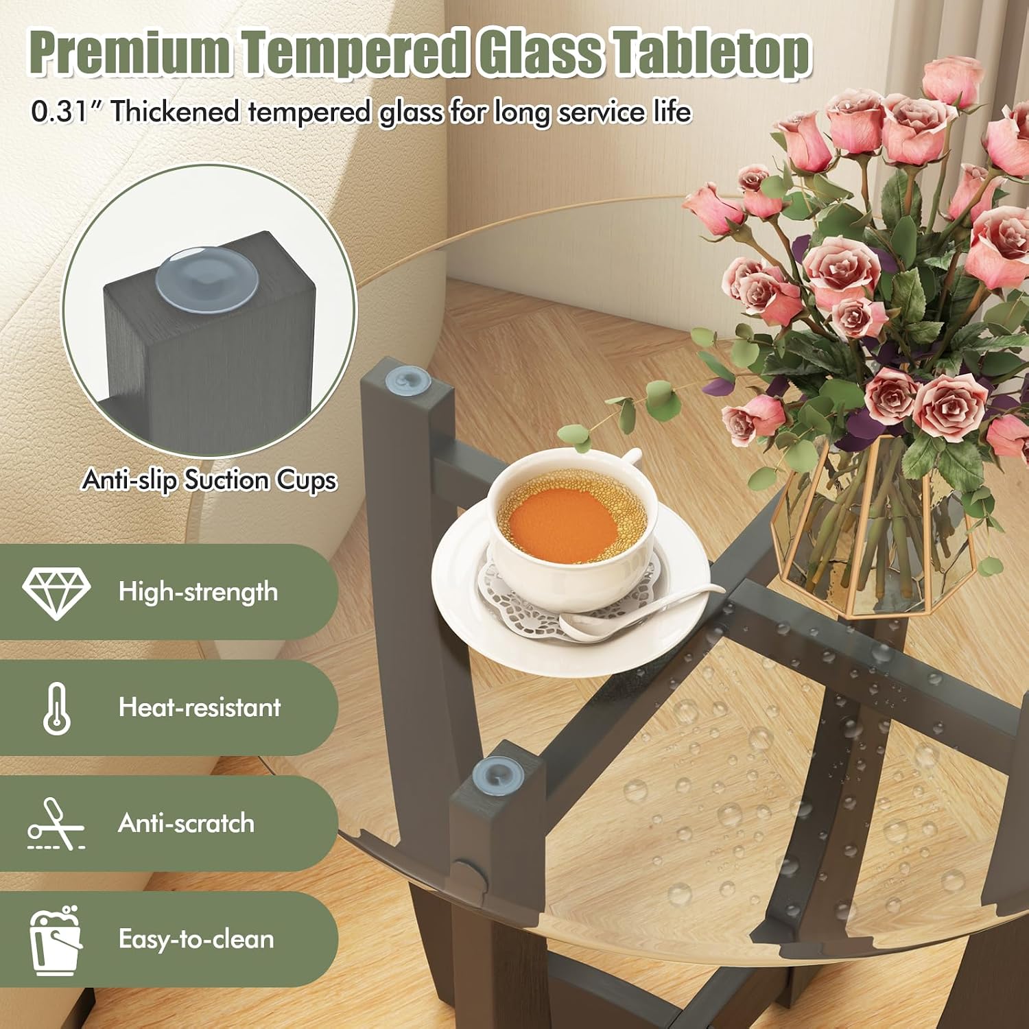 Giantex Glass End Tables Set of 2, Round Side Tables with Rubber Wood Frame & Tempered Glass Top, 23.5' Small Black Coffee Table, Modern Glass Nightstand for Living Room Balcony Bedroom, Easy Assembly