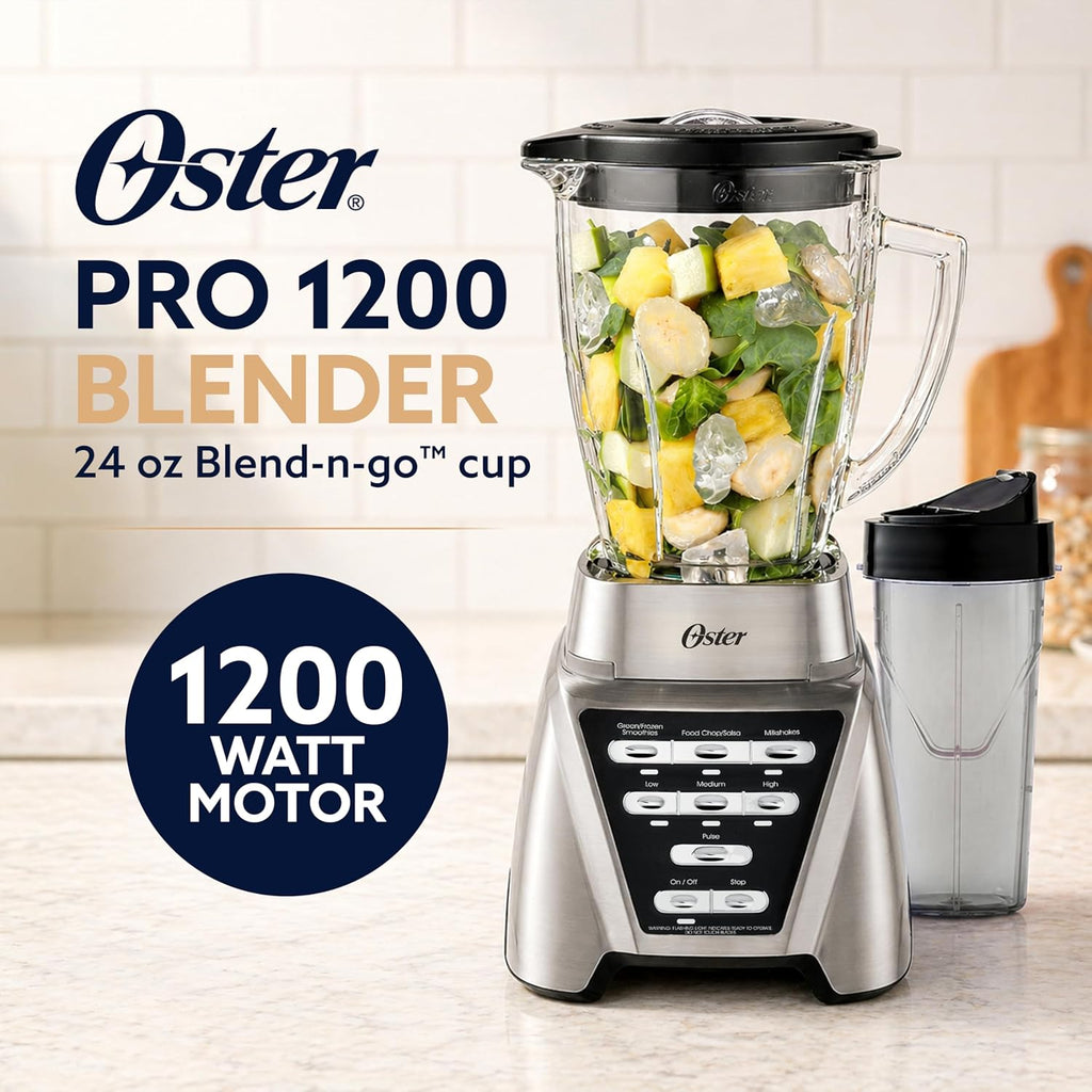 Oster Pro 1200 Smoothie Blender with Glass Jar & 24oz To-Go Cup, Countertop Kitchen Blender with 7 Speeds, 1200W Power, Brushed Nickel