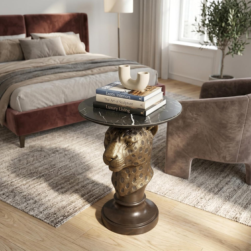 Leopard Head Sculptural Accent Table for Living Room & Entryway, 19.69' D x 24.80' H, Resin Animal End Table, Waterproof Outdoor Decor, Unique Gift for Housewarming