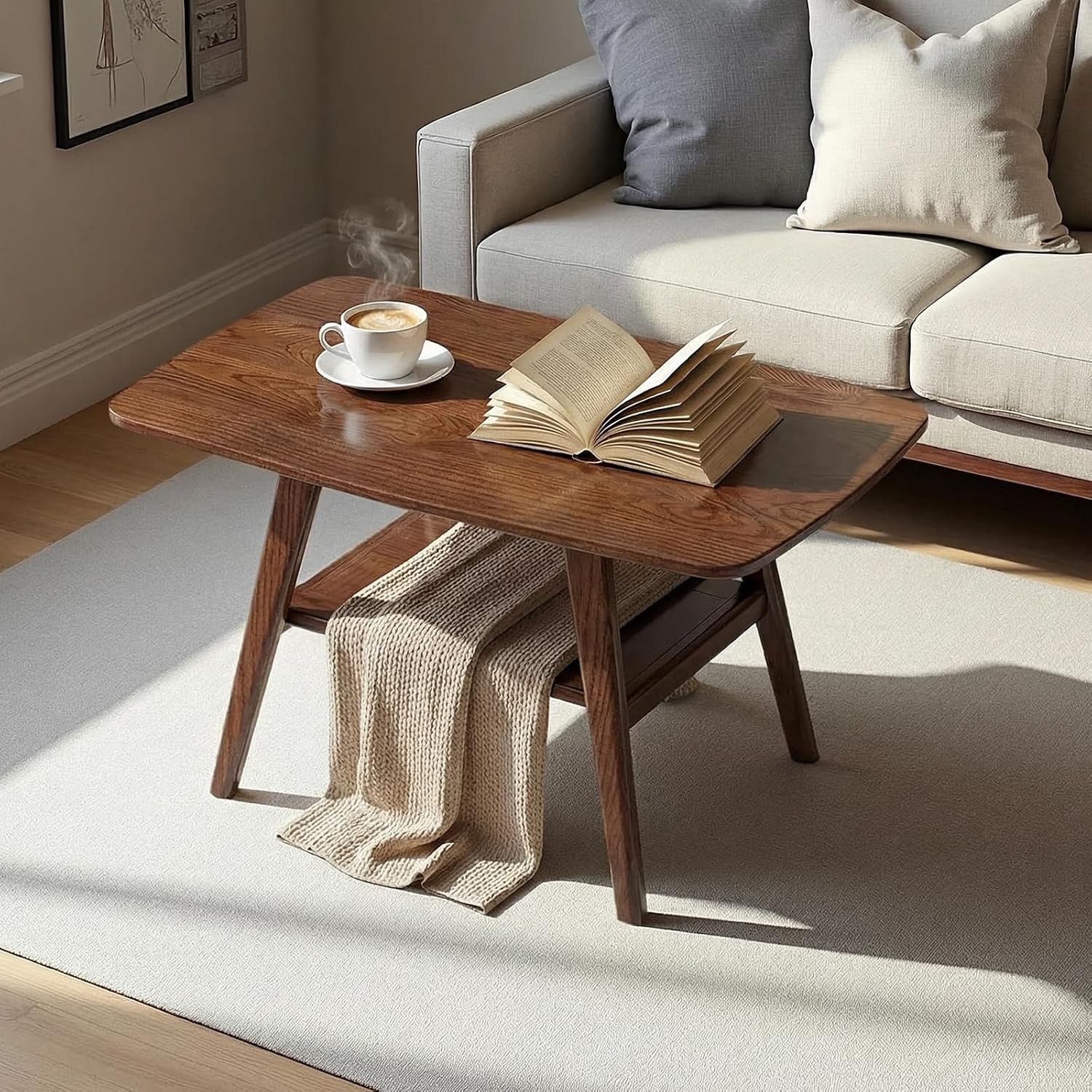 Mid Century Modern Coffee Table: 100% Solid Wood Coffee Table - 2-Tier Storage Design - Practical Coffee Tables for Living Room, Apartment, Easy Assembly (Walnut, 39.37')