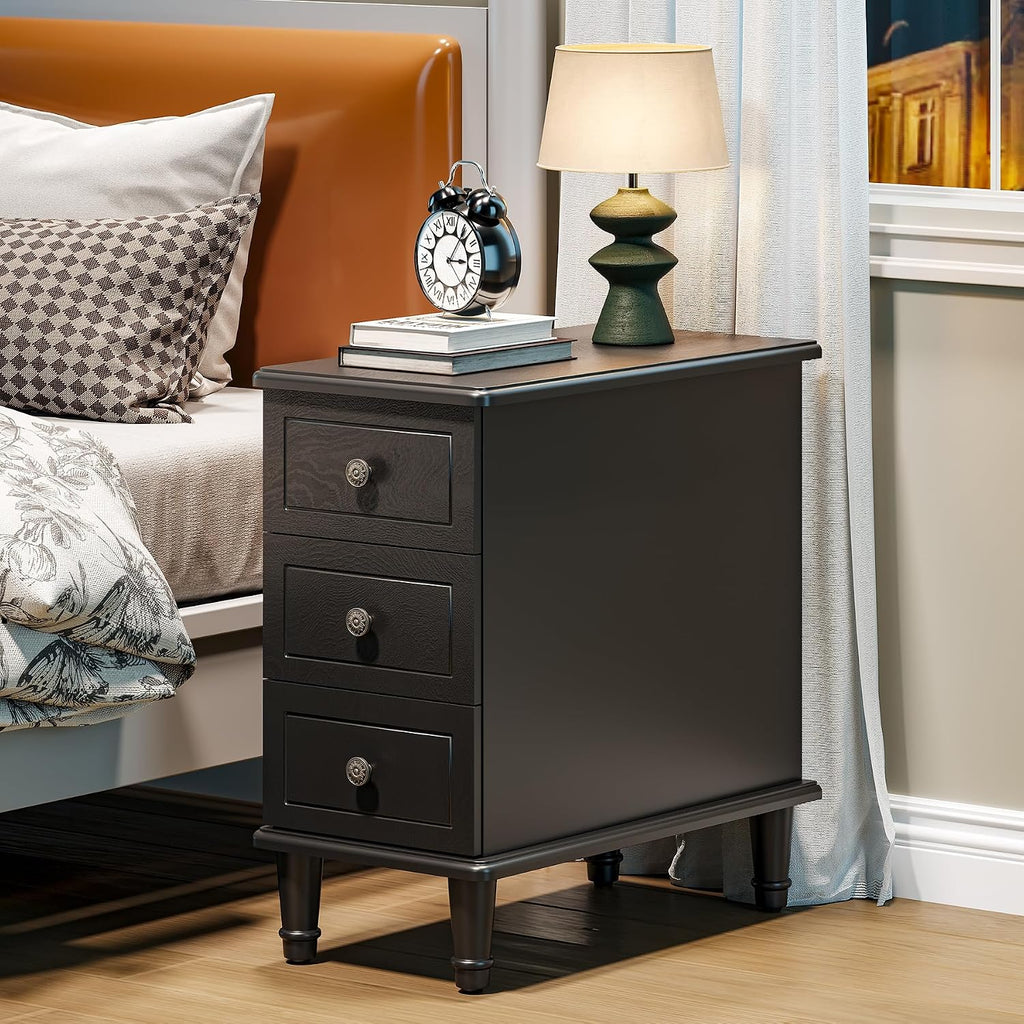 LITTLE TREE Fully Assembled End Table, Set of 2, Narrow Bedside Table with 3 Drawers, Vintage Nightstand for Small Spaces, Living Room, Bedroom, Black