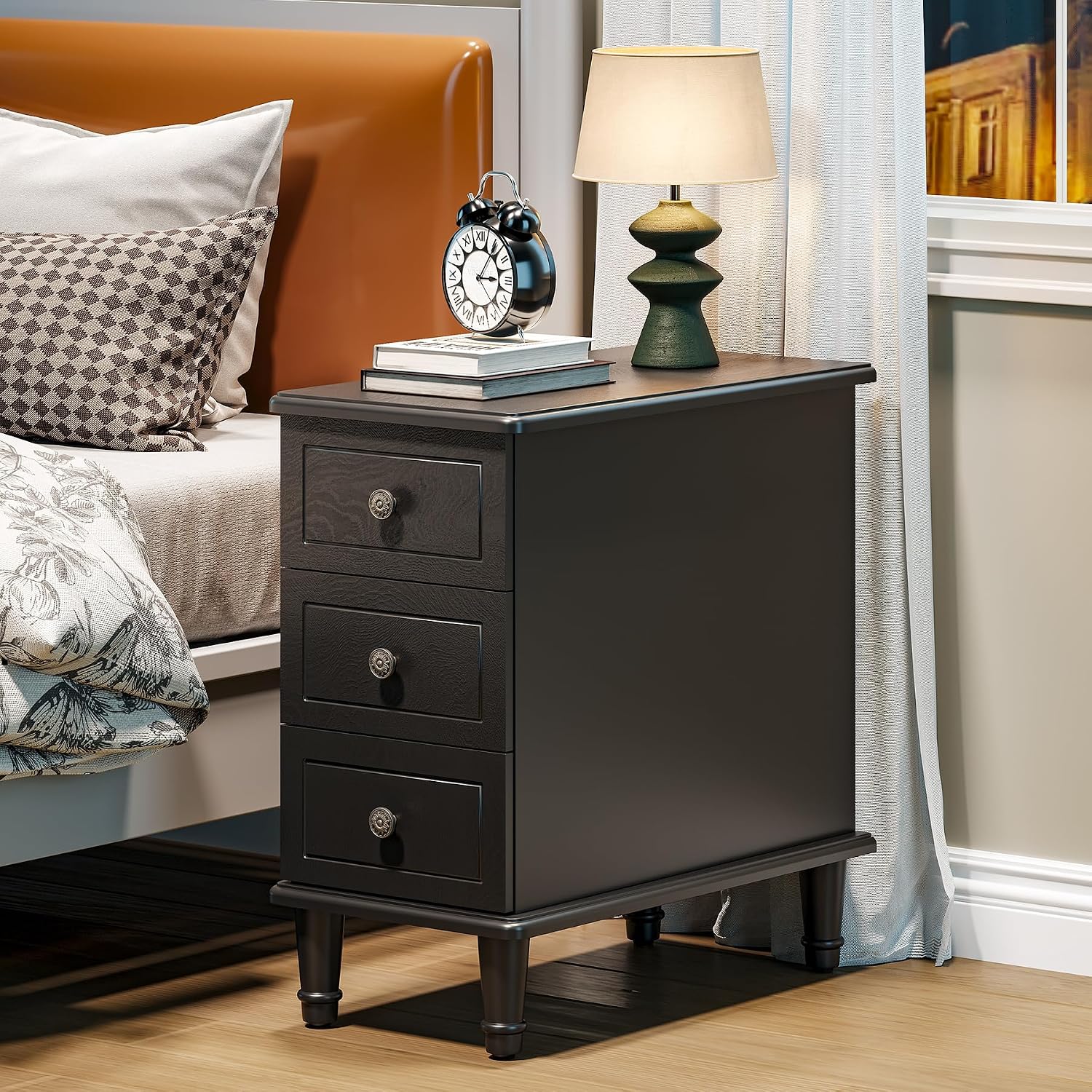 LITTLE TREE Fully Assembled End Table, Set of 2, Narrow Bedside Table with 3 Drawers, Vintage Nightstand for Small Spaces, Living Room, Bedroom, Black