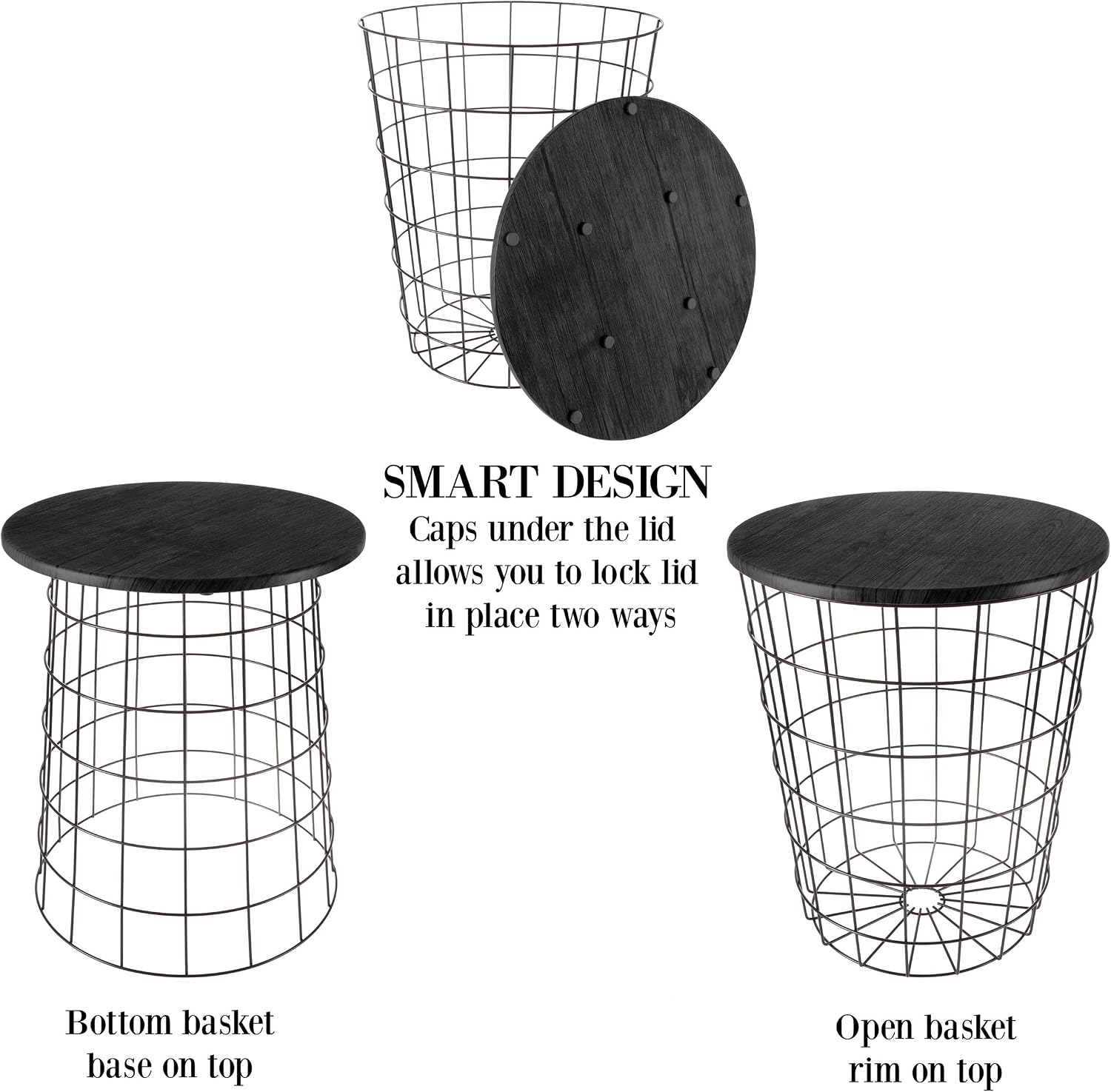 End Tables Set of 2 - Nesting Tables with Removable Wood Tops and Metal Basket Bases for Blanket Storage - Round Side Pieces for Living Room, Bedroom, or Home Office by Lavish Home (Black)