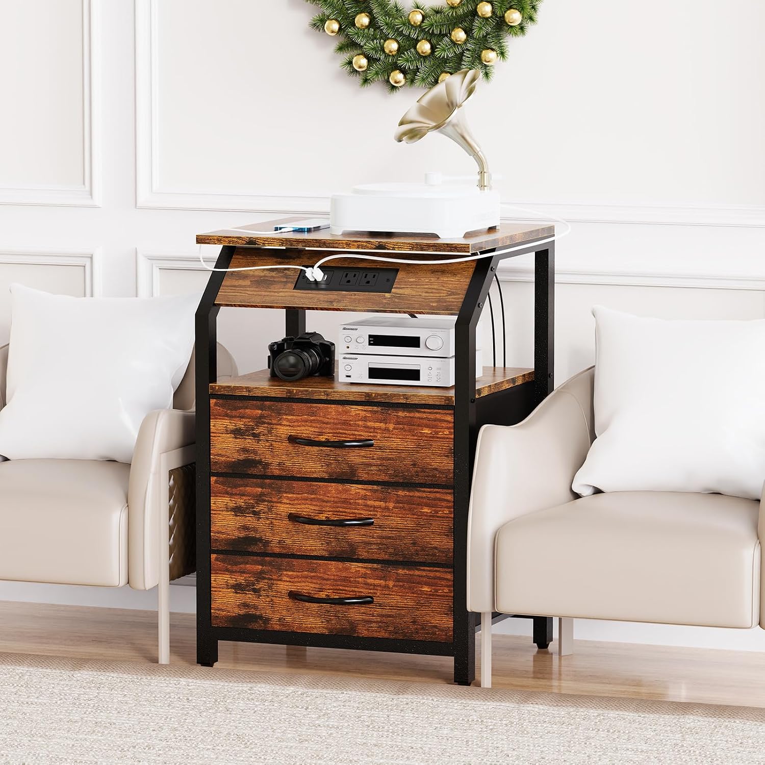 SZLHANJZ End Tables Set of 2, Nightstands with Charging Station and LED Lights, 3 Drawers Fabric Bedside Table, Storage Side Tables for Bedside, Living Room, Rustic Brown