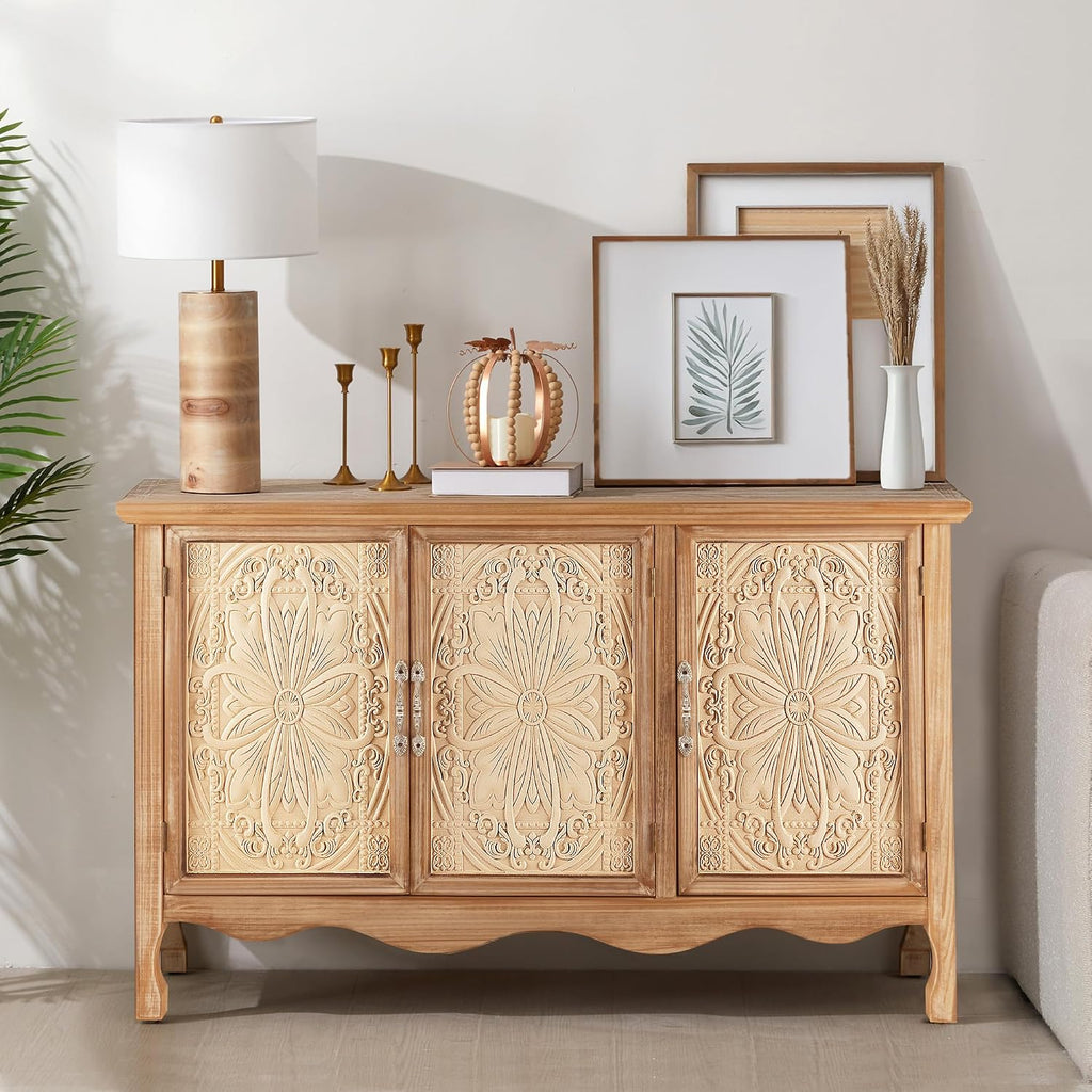 RoyalCraft Buffet Cabinet with Storage, Vintage Solid Wood Sideboard with 3 Carved Doors, Painted Coffee Bar Console Table for Dining Room, Living Room, Kitchen, Distressed Black