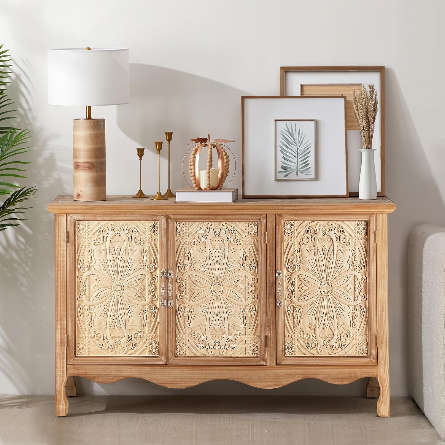 RoyalCraft Buffet Cabinet with Storage, Vintage Solid Wood Sideboard with 3 Carved Doors, Painted Coffee Bar Console Table for Dining Room, Living Room, Kitchen, Distressed Black