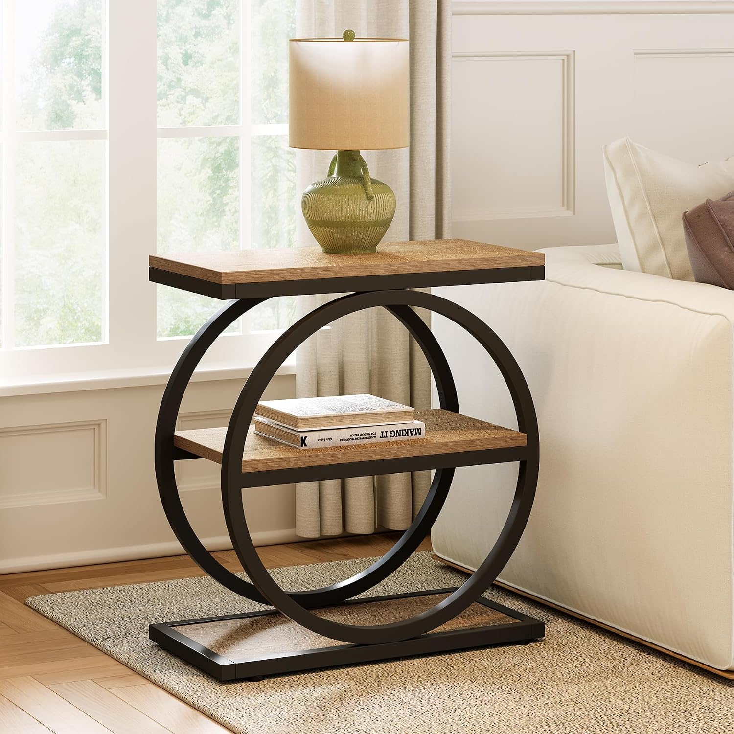 LITTLE TREE End Table Set 2, Side Table with 3-Tier Storage Shelves, Small Sofa Side Table for Living Room, Wooden Side End Table with Double Round Metal Legs, Slim Nightstand and Bedside Table, Oak