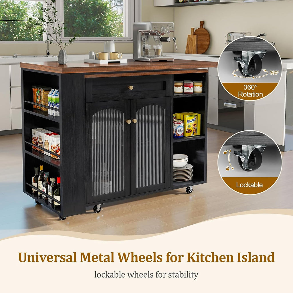 LYNCOHOME 71.1' Rolling Kitchen Island with 360° Rotating Tabletop, Mobile Lockable Wheels & Adjustable Shelves, Multifunctional Storage Cart for Kitchen & Dining（Black）