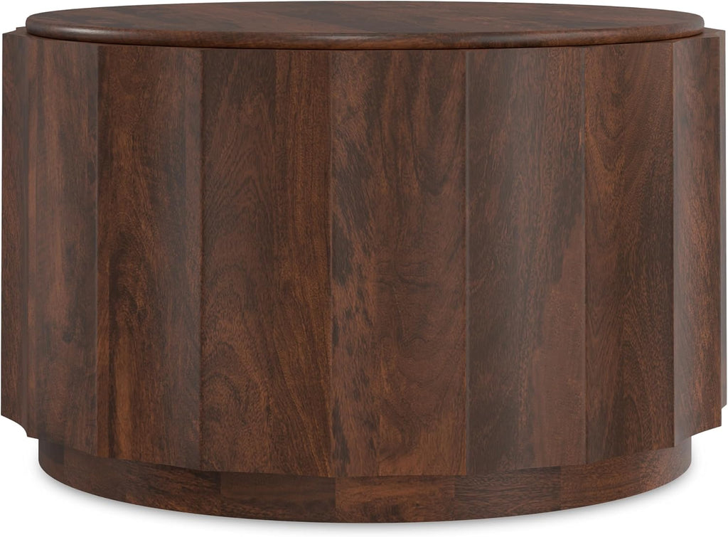 SIMPLIHOME Trenton Coffee Table - 32 inch Wide Solid Mango Wood Round Living Room Table in Walnut Brown, Contemporary Sculpted Drum Center Table for Family Room with Scalloped Edge, Assembled