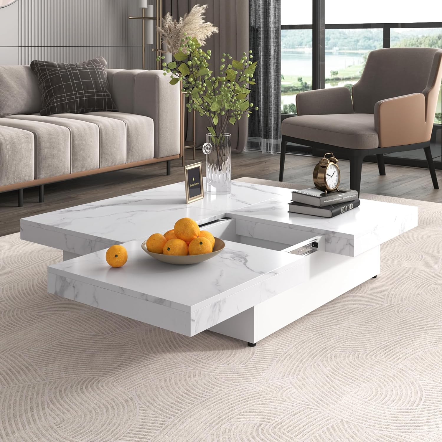 Merax Coffee Table, Modern Extendable Coffee Table with 4 Hidden Storage Compartments, UV High-Gloss Square Center Cocktail Table with Sliding Tabletop for Living Room, 39.4'x 39.4' (White)