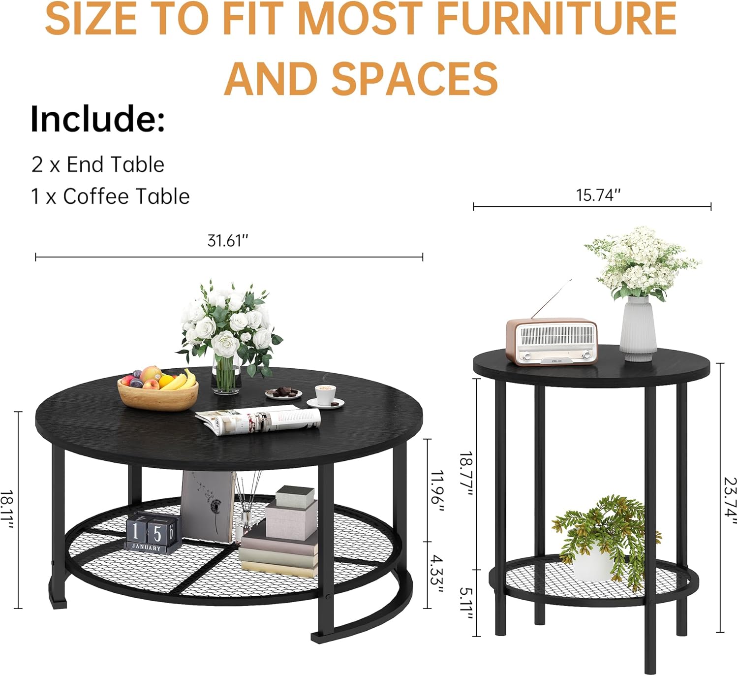 Recaceik Round Coffee Table and End Table Set of 3 with Storage, Modern Vintage Black Coffee Table and Side Table for Living Room, Office, Apartment, Small Space