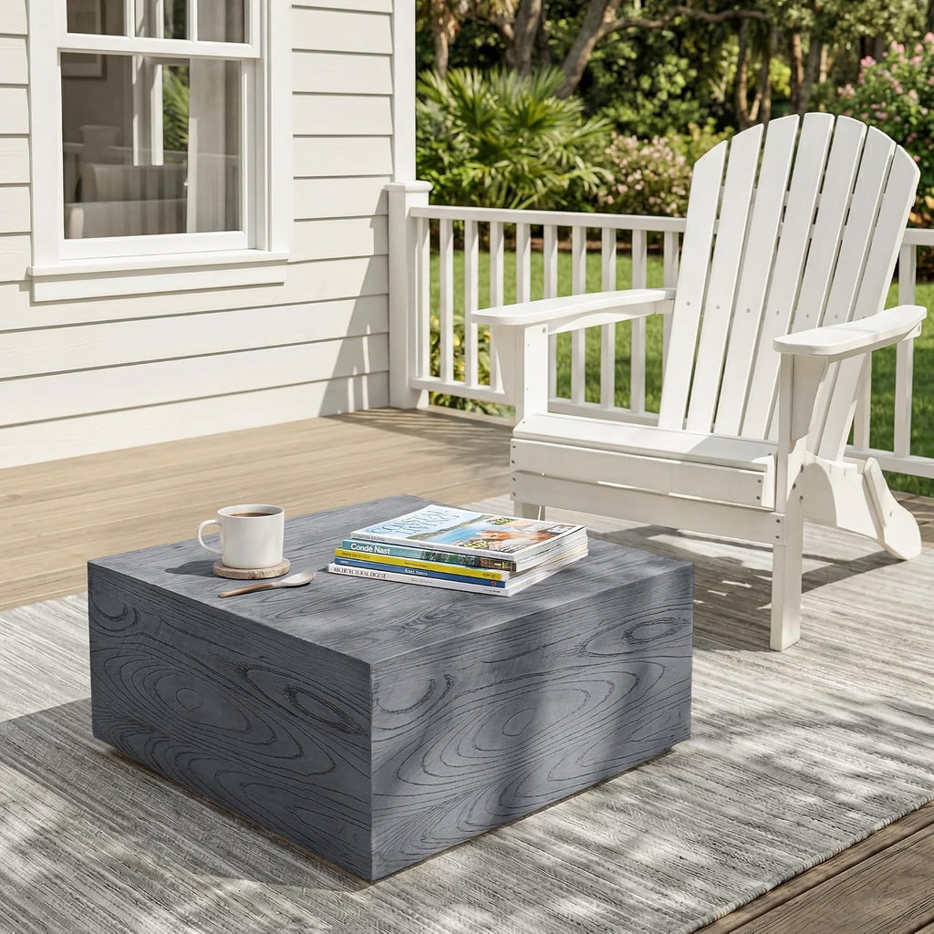 UPHA 28' Square Outdoor Coffee Table, Modern Hollow Concrete Patio Table, Small Minimalist Low Accent Table for Living Room, Balcony, Deck, Backyard, Gray Wood Finish