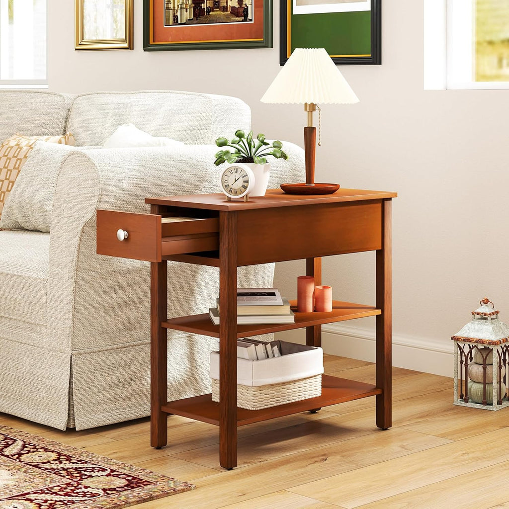 Tangkula Narrow End Table Set of 2, 24.5'H Farmhouse Couch Bedside Table with Drawer, Storage Shelves, Rubber Wood Legs, 3-Tier Nightstand, Slim Side Table for Small Spaces, Living Room Bedroom, Brown