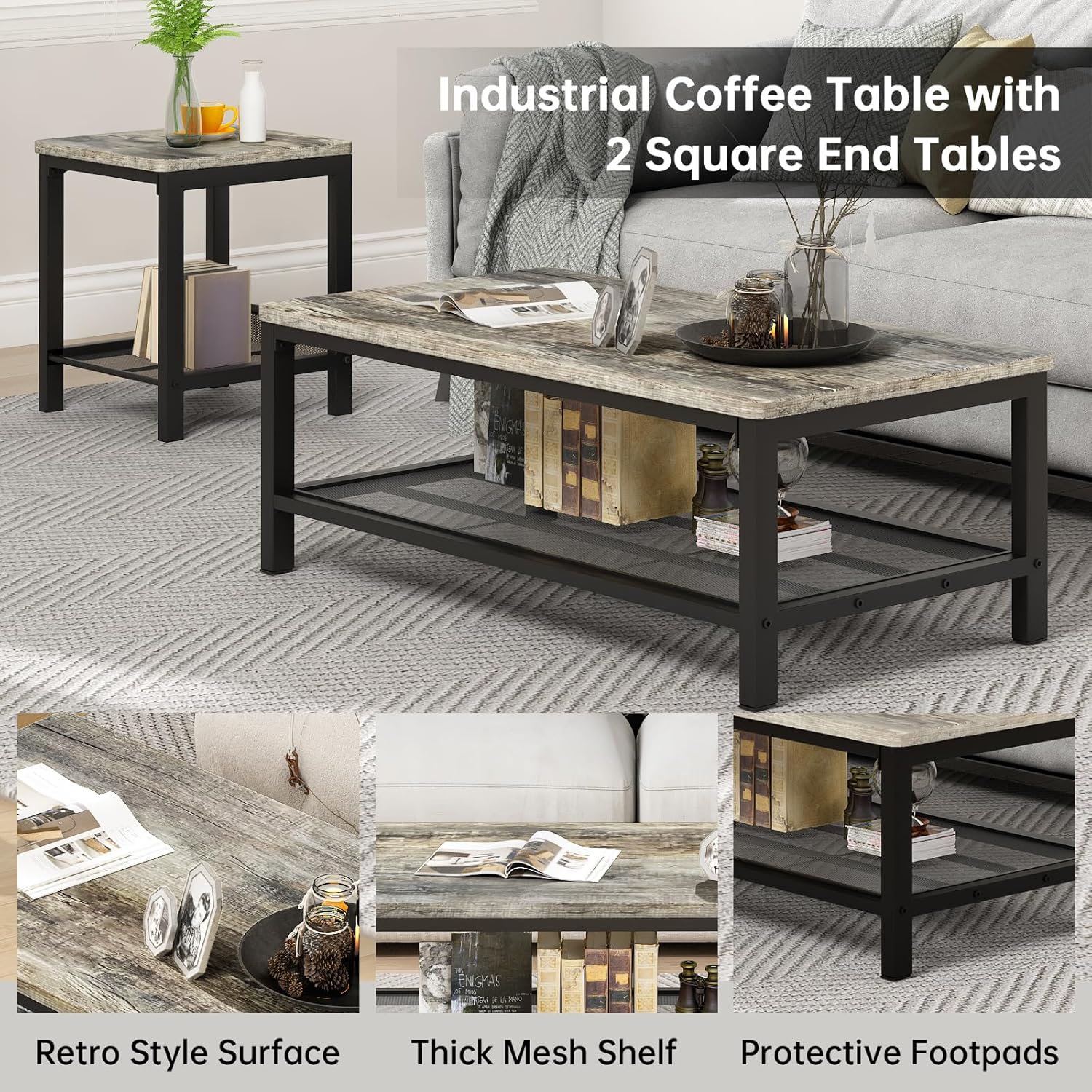 Lamerge Coffee Table Set of 3 Coffee Table and end Table Sets, Modern Metal Frame Living Room Center Table for Small Apartment Home Office（Gray）
