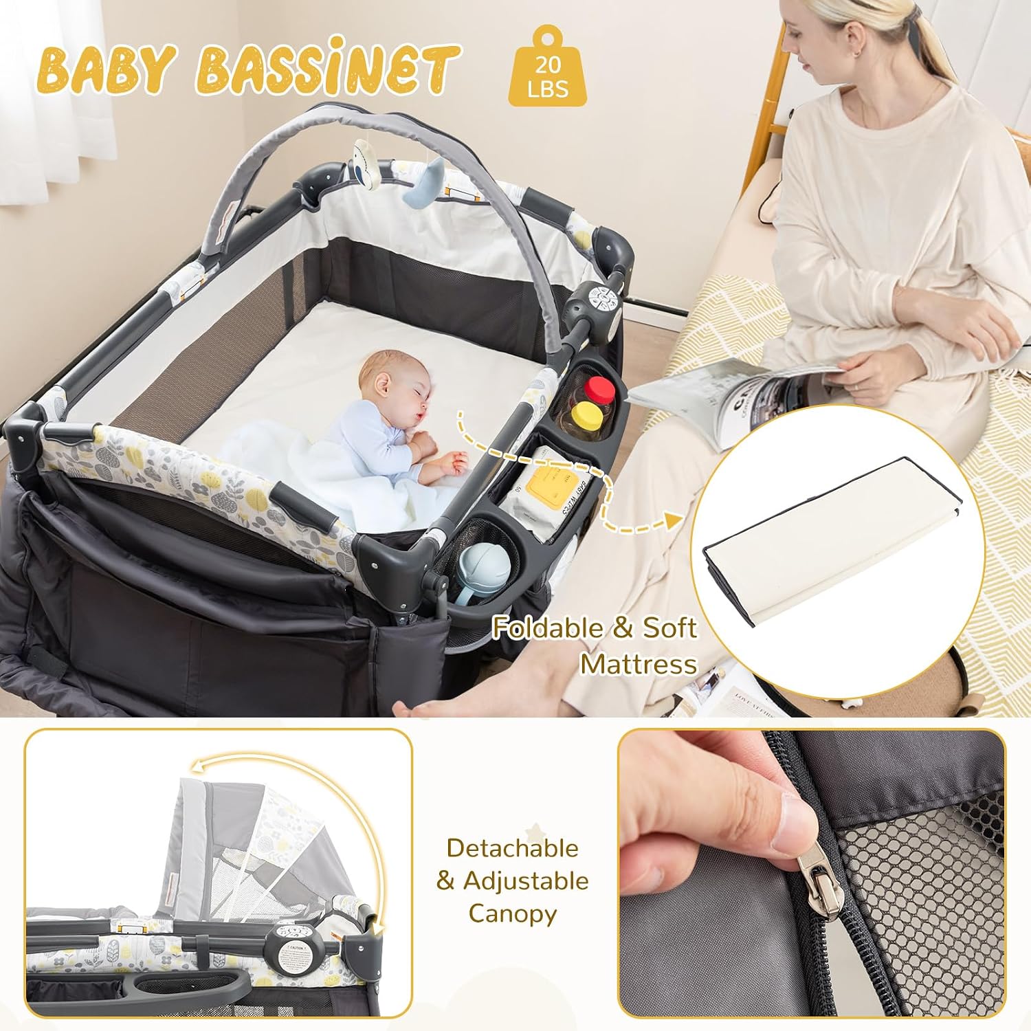 HONEY JOY Pack and Play, 4 in 1 Portable Baby Crib Playpen w/Bassinet, Changing Table, Canopy, Mattress, Music Box, Storage Bag, Foldable Pack and Play for Infant Boys Girls