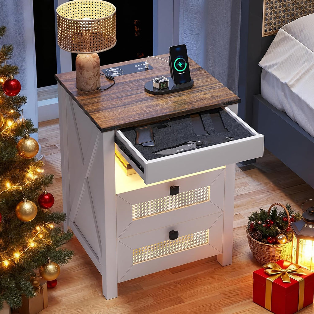 Nightstand with Gun Drawer, Rattan Bedside Table with Charging Station, LED End Table with Human Sensor Light, Gun Night Stand for Bedroom Living Room, Farmhouse Design, White