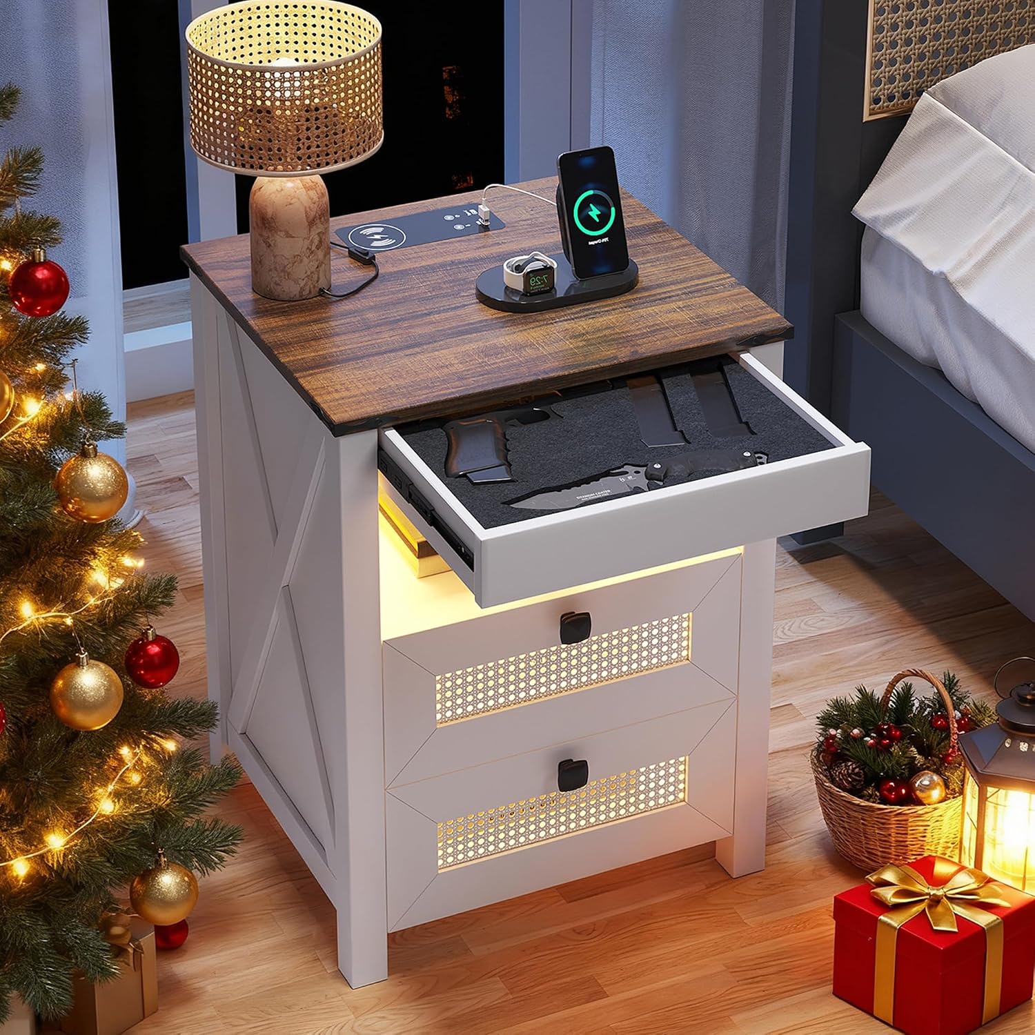 Nightstand with Gun Drawer, Rattan Bedside Table with Charging Station, LED End Table with Human Sensor Light, Gun Night Stand for Bedroom Living Room, Farmhouse Design, White