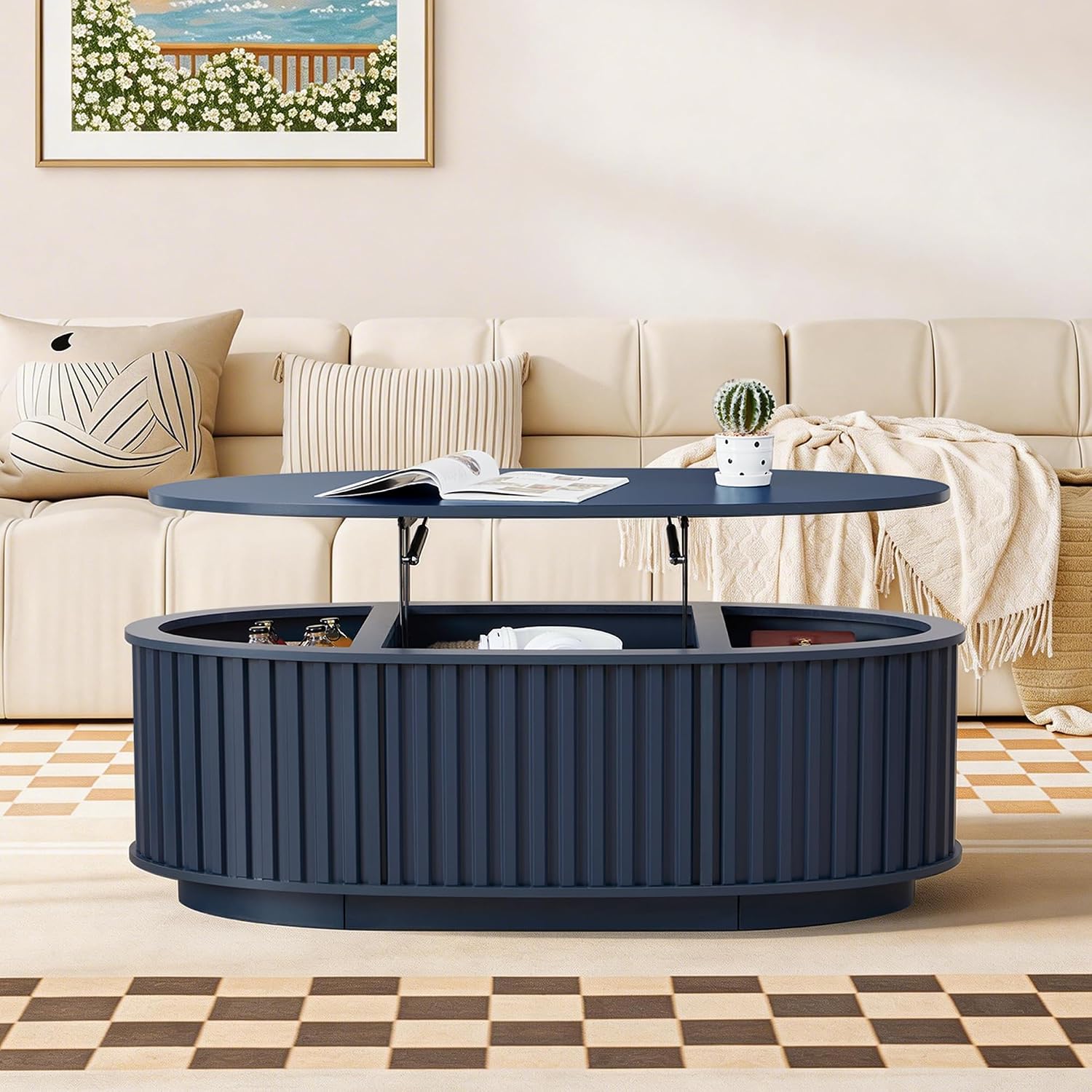 Oval Coffee Table, 43.3'' Fluted Lift Top Coffee Table with Hidden Storage Compartment, Mid Century Modern Dining Table Wooden Center Table for Living Room, Office, Small Spaces