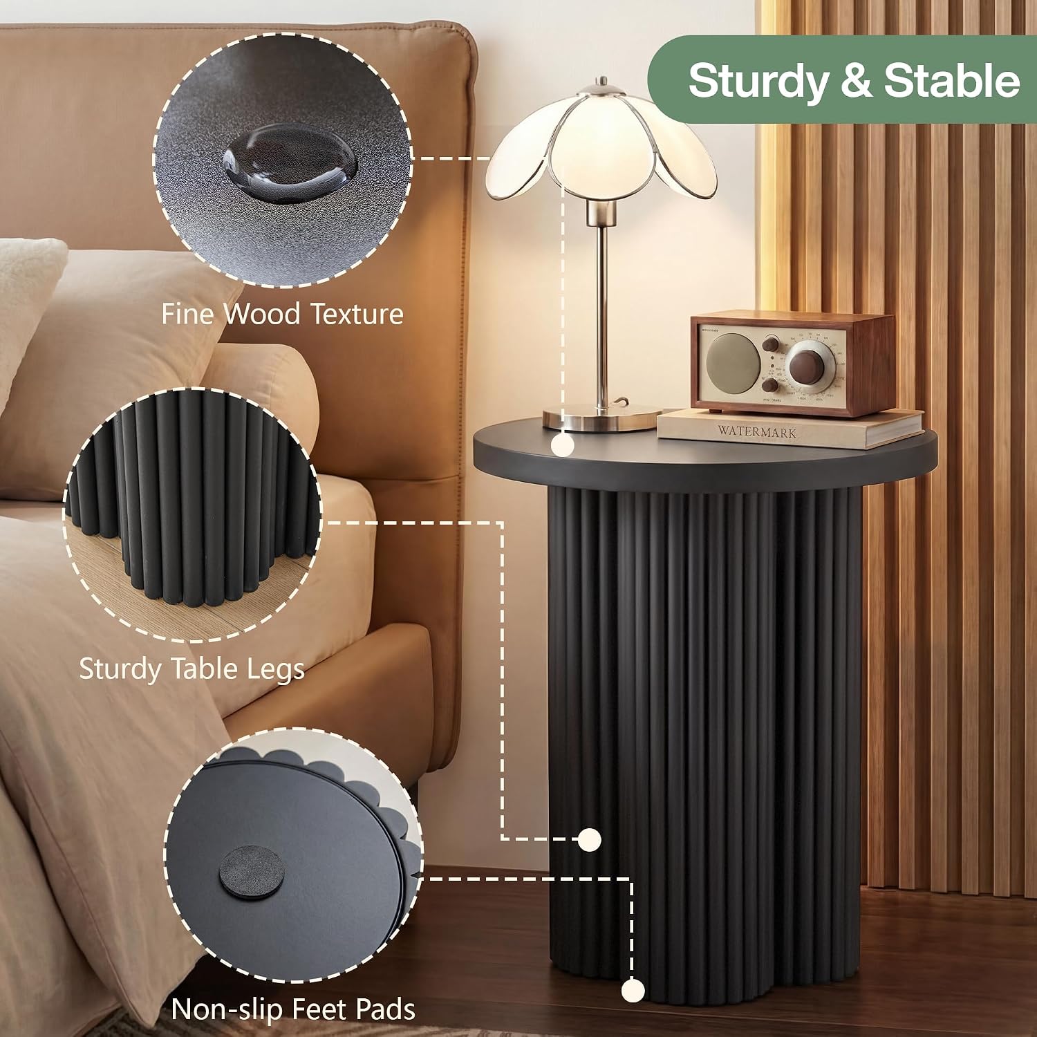 Small Sofa Side Table Set of 2, Fluted Accent Pedestal End Table, Wood Round Night Stand, Farmhouse Bed Side Table Drink Tables for Living Room, Small Spaces (Black-2PCS)