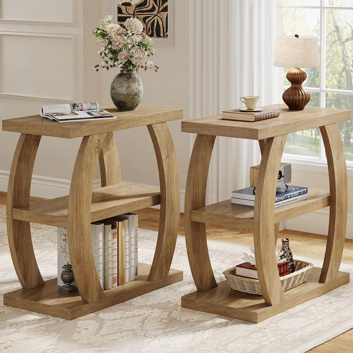 Tribesigns End Table for Living Room Set of 2, 3-Tier Narrow Side Table with Storage, Farmhouse Wooden Beside Table with Geometric Frame, Tall Nightstand for Bedroom, Small Spaces, Natural Oak