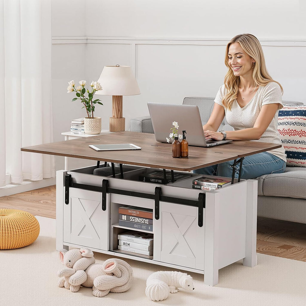 VEVOR 39.4 in Farmhouse Lift Top Coffee Table, Rustic Center Table with Barn Door and Hidden Storage Compartment, Modern Rectangle Lifting Tabletop for Living Room, Office, Home, Easy Assembly, White