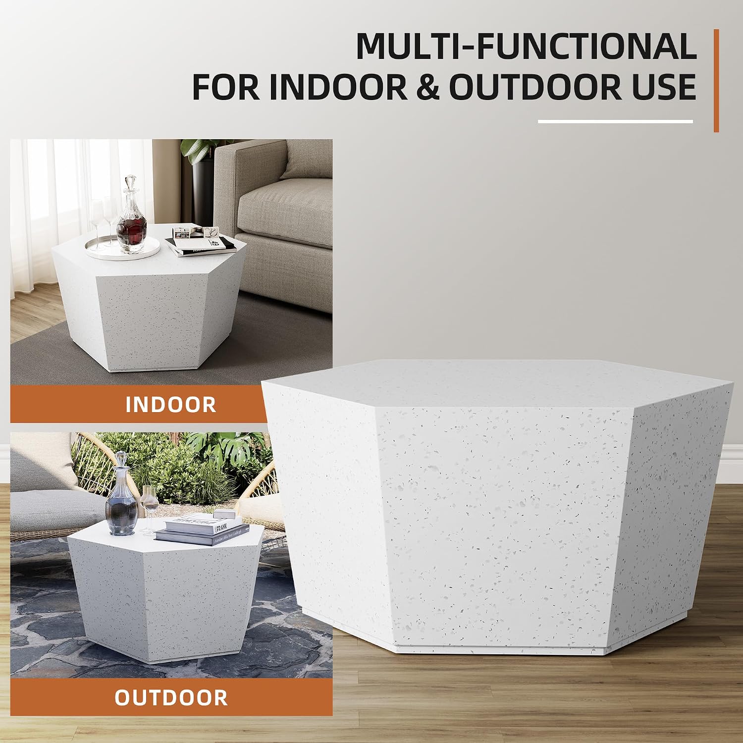 UPHA 28' Hexagon Outdoor Coffee Table, Modern Hollow Concrete Patio Table, Small Minimalist Low Accent Table for Living Room, Balcony, Deck, Backyard, Off-White