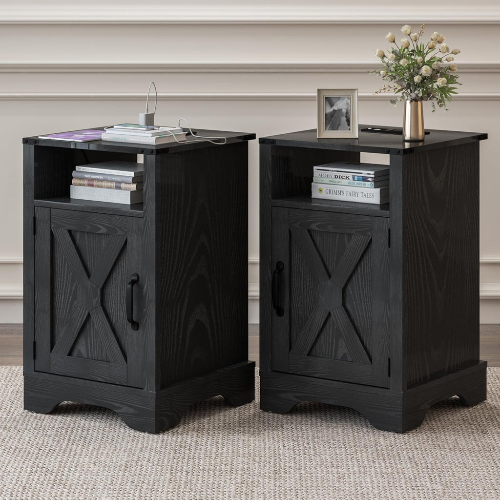 RoyalCraft Farmhouse Nightstand Set of 2, End Table with Charging Station, Tall Bedside Table with Large Storage and Shelf, Wooden Side Table with for Bedroom, Home Office, Black