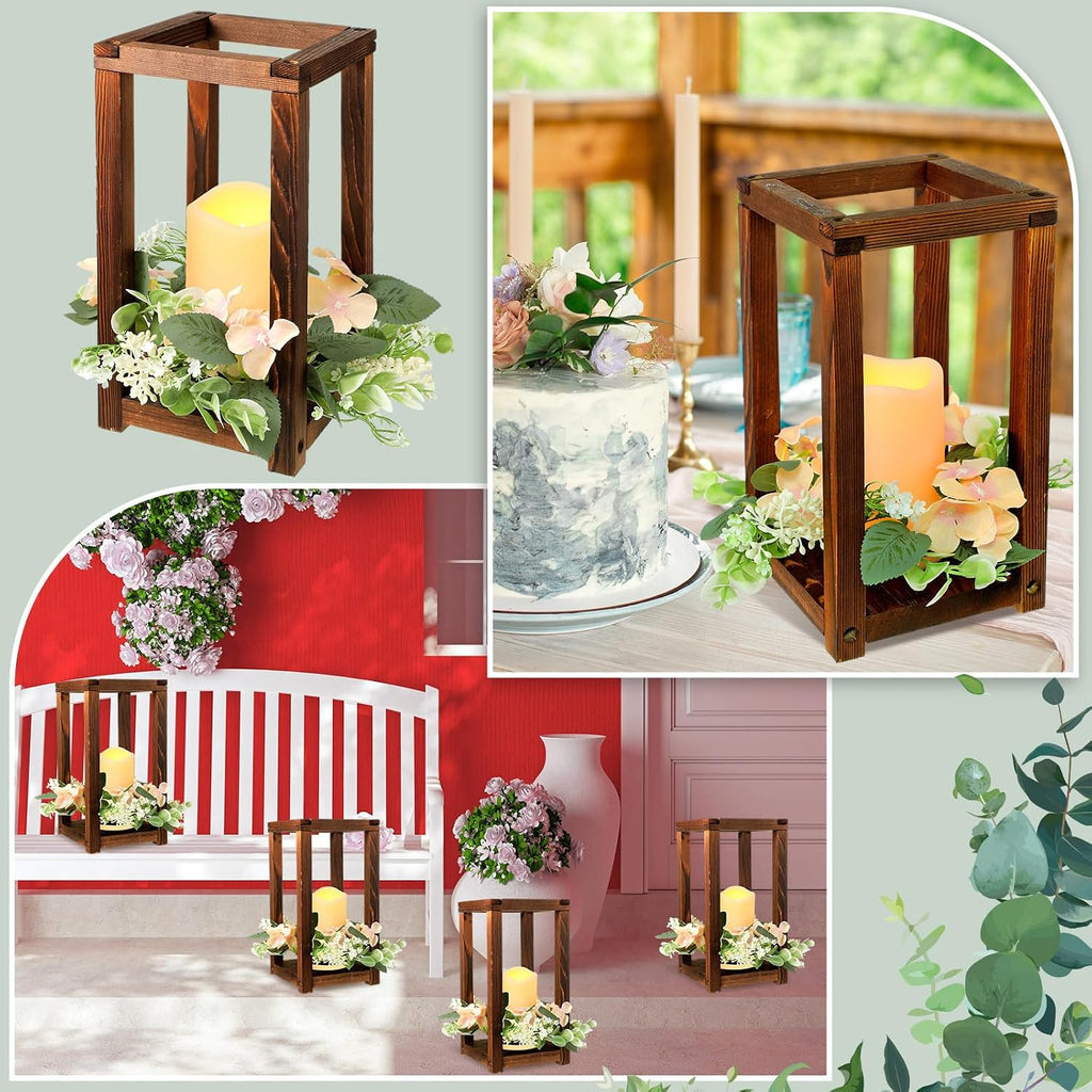 Hushee 60 Pcs Wooden Wedding Lantern Centerpiece Integrated Holders with Candles and Wreaths Rustic Wooden Candle Lantern Decor for Wedding Party Table Valentine Decor (Brown)