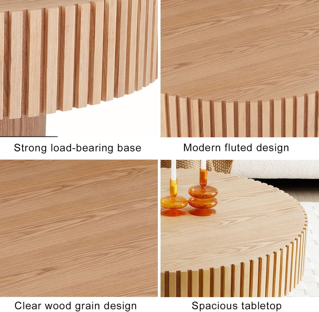31.49' Round Fluted Coffee Table for Living Room, Mid Century Modern Drum Coffee Table with Sturdy Pedestal, Circle Center Table Accent Tea Table for Apartment ASH
