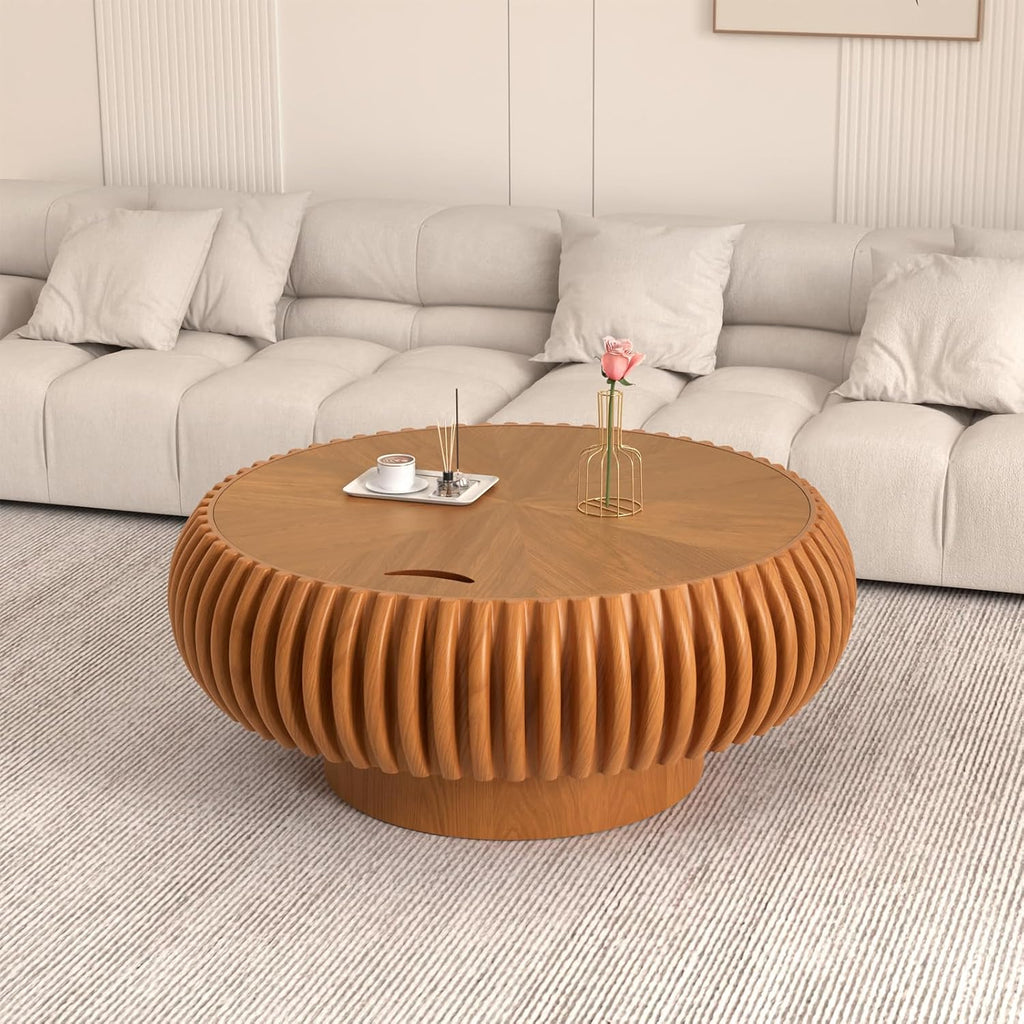 Fluted Round Coffee Table with Storage, 31.5' Modern Drum Wood Coffee Tables with Sturdy Base, Unique Circle Center Tea Table for Living Room Apartment Small Spaces (31.49' Brown with Storage)